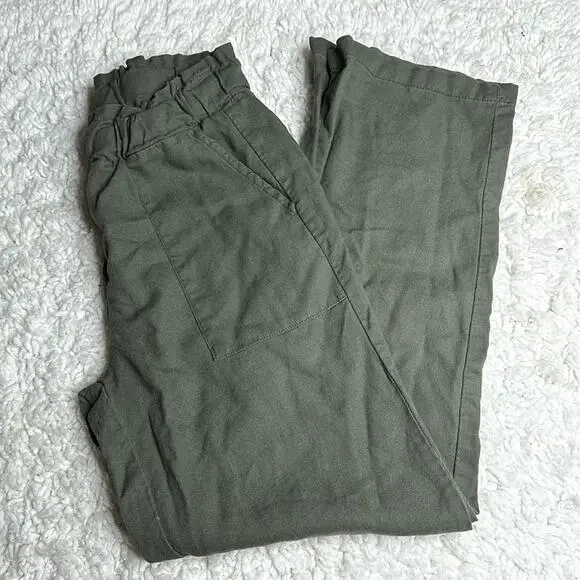CiSono Linen Collection Olive Green Paperbag Waist Straight Leg PullOn Pant EE13 - Picture 1 of 13